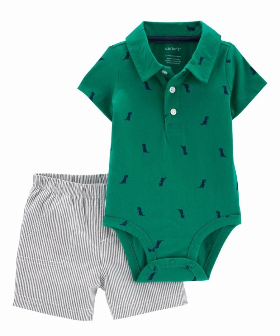 * | Top 10 Carter'S Green Dino Polo Bodysuit & Gray Shorts Newborn