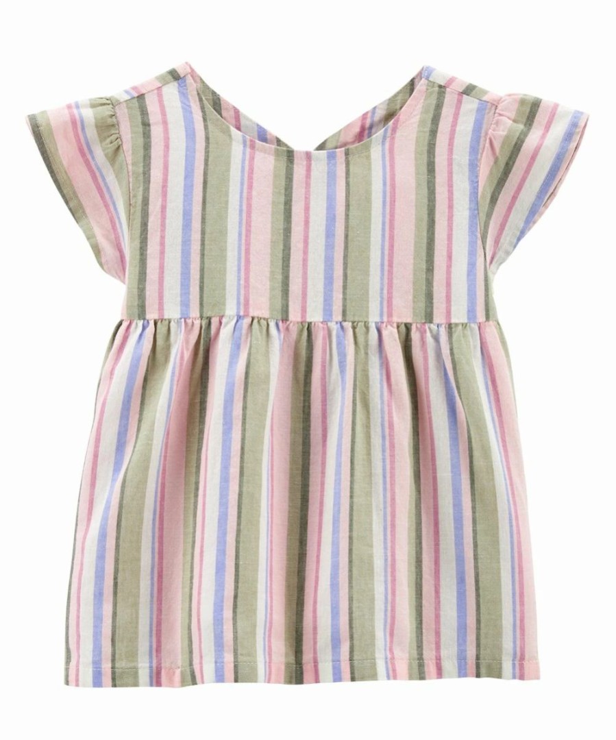 * | New Carter'S Pink & Green Stripe Linen-Blend Angel-Sleeve Top Infant