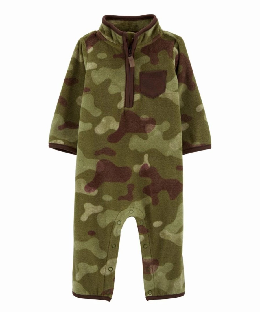 * | Brand New Carter'S Green & Brown Camo Quarter-Zip Fleece Playsuit Newborn & Infant