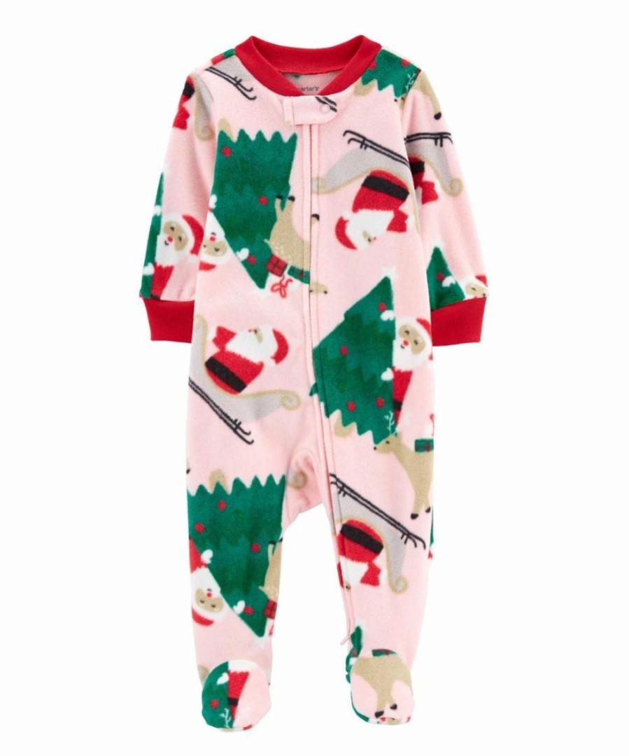 * | Budget Carter'S Pink & Green Santa Fleece Zip-Up Footie Newborn & Infant