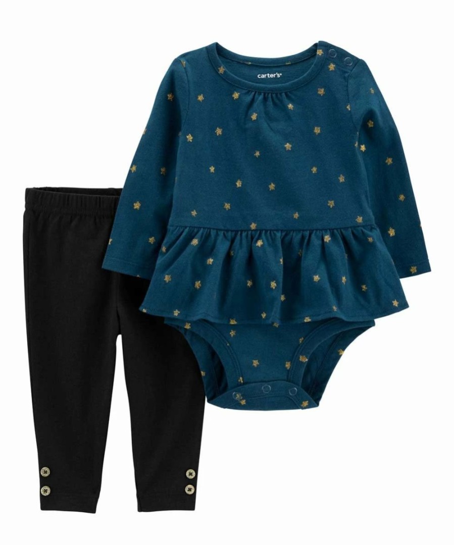 * | Best Deal Carter'S Teal & Gold Star Peplum Bodysuit & Black Button-Accent Pants Newborn & Infant