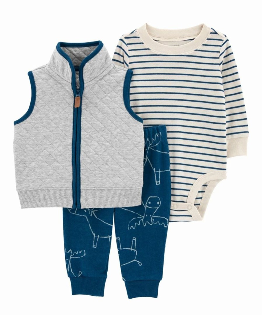 * | Coupon Carter'S Gray & Dark Teal Quilted Double-Knit Zip-Up Vest Set Newborn & Infant