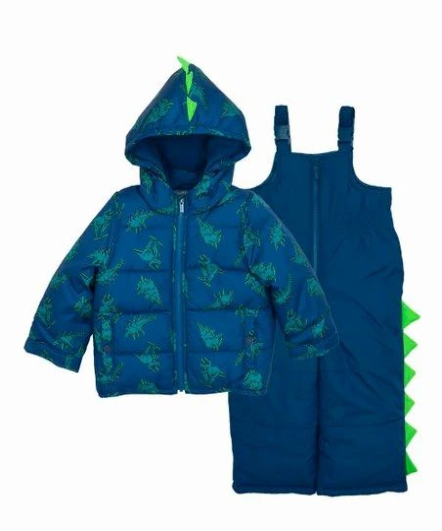 * | Wholesale Carter'S Teal Dinosaur Fleece Hooded Puffer Coat & Bib Pants Infant