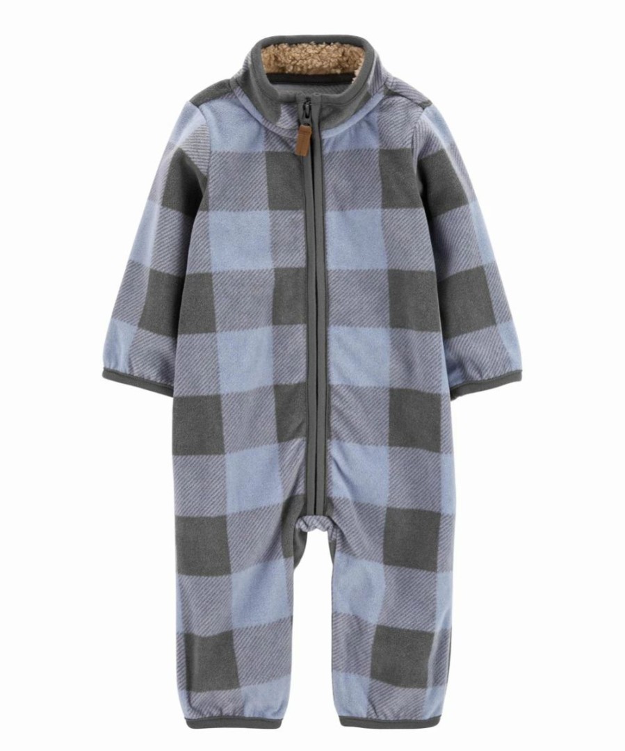 * | Outlet Carter'S Light Blue & Gray Buffalo Check Fleece Zip-Up Playsuit Newborn & Infant