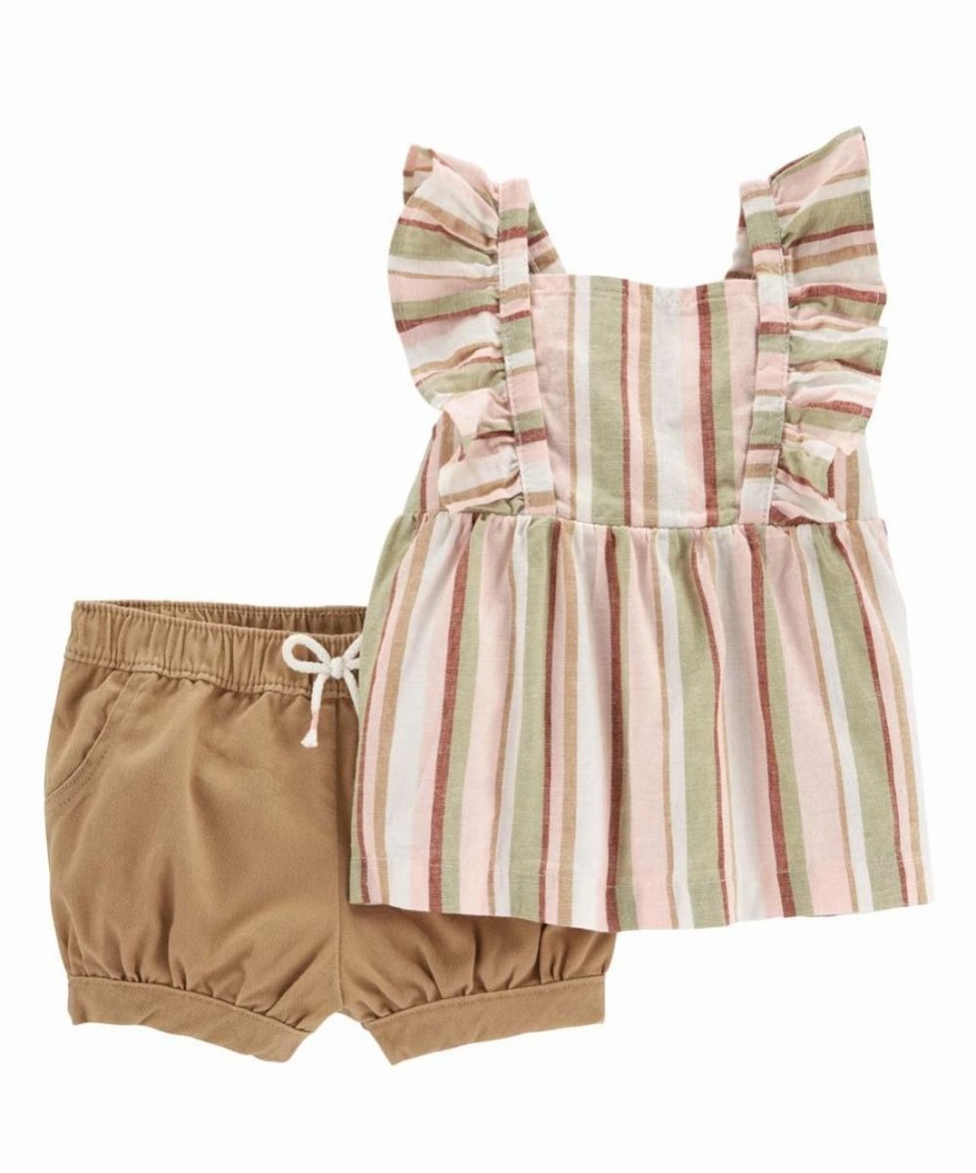 * | Hot Sale Carter'S Green & Pink Stripe Ruffle Romper & Brown Shorts Newborn & Infant