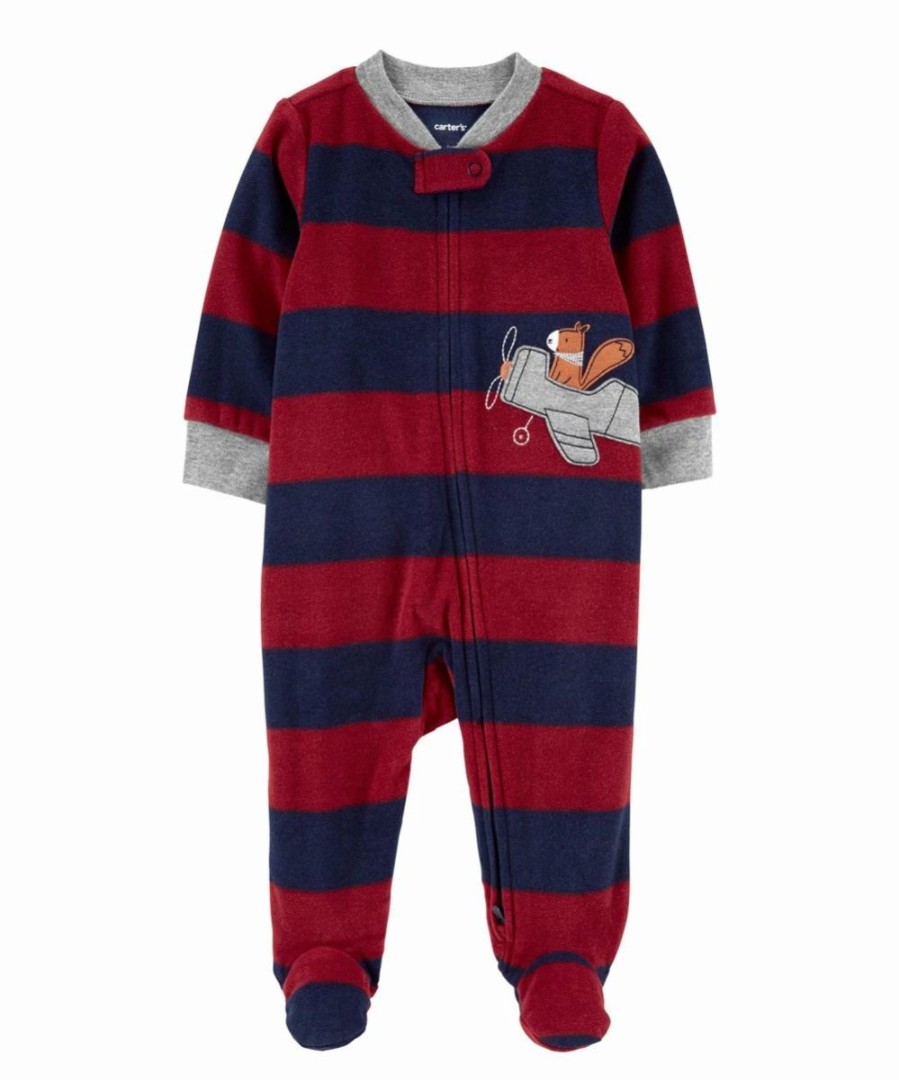 * | Budget Carter'S Red & Navy Stripe Squirrel Plane Zip-Up Fleece Footie Newborn & Infant