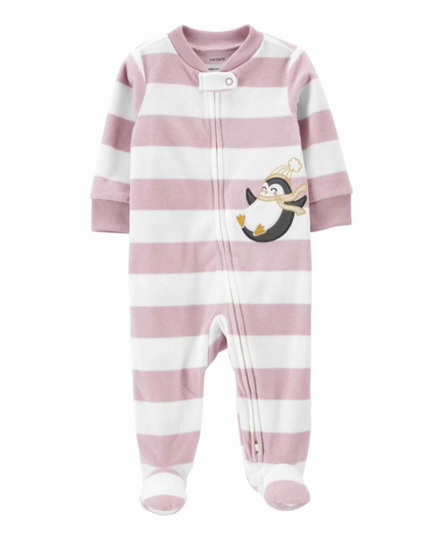 * | Top 10 Carter'S Pink & White Stripe Penguin Fleece Two-Way Zip Footie Newborn & Infant