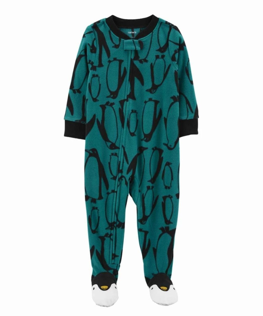 * | Budget Carter'S Teal Penguin Fleece Footie Toddler & Boys