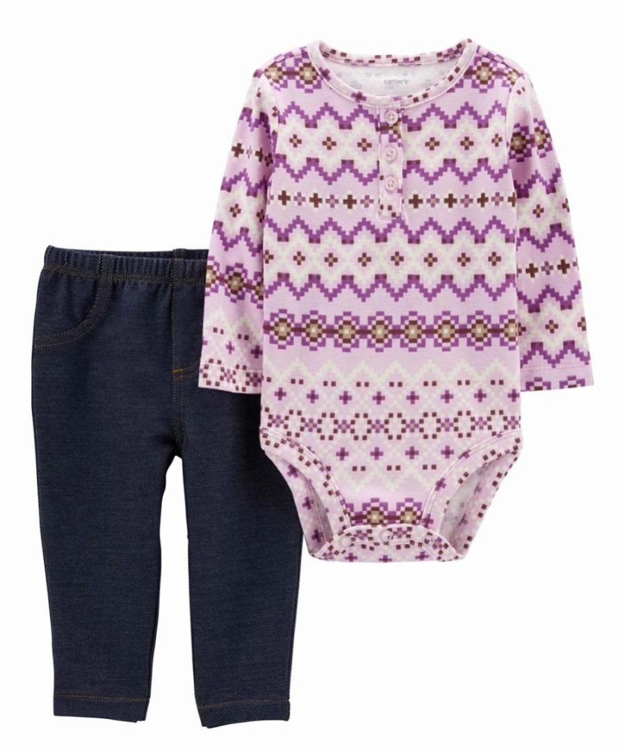 * | Best Deal Carter'S Purple & White Geometric Henley Bodysuit & Navy Jeans Newborn & Infant