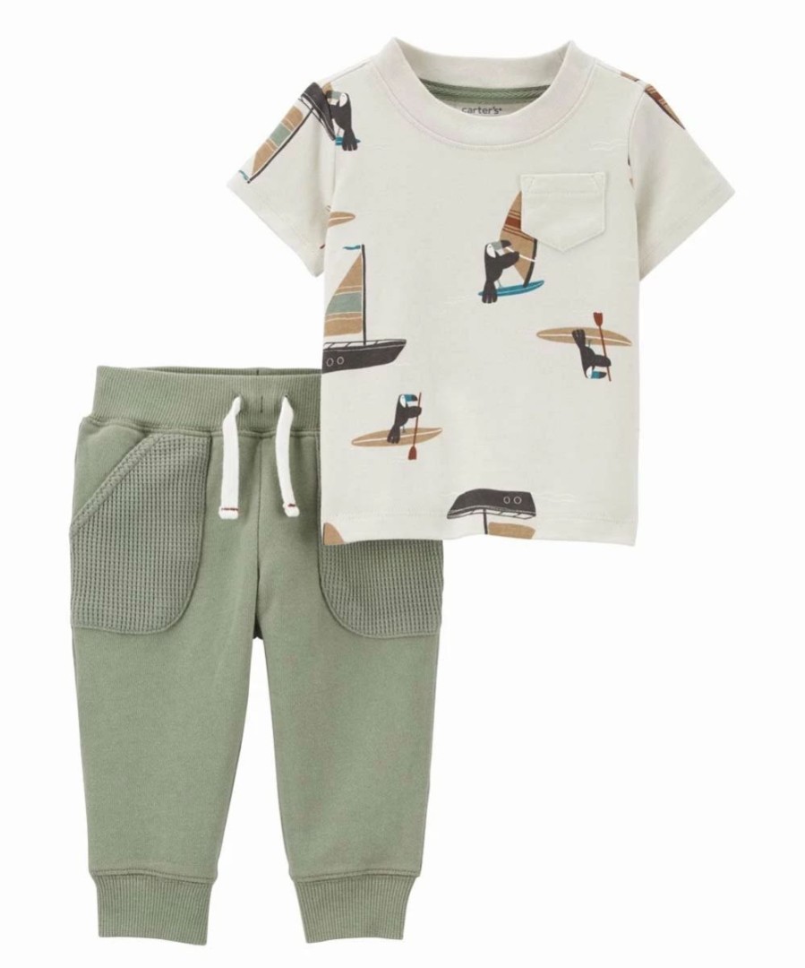 * | Brand New Carter'S Ivory Boaters Crewneck Tee & Green Drawstring Pants Newborn & Infant