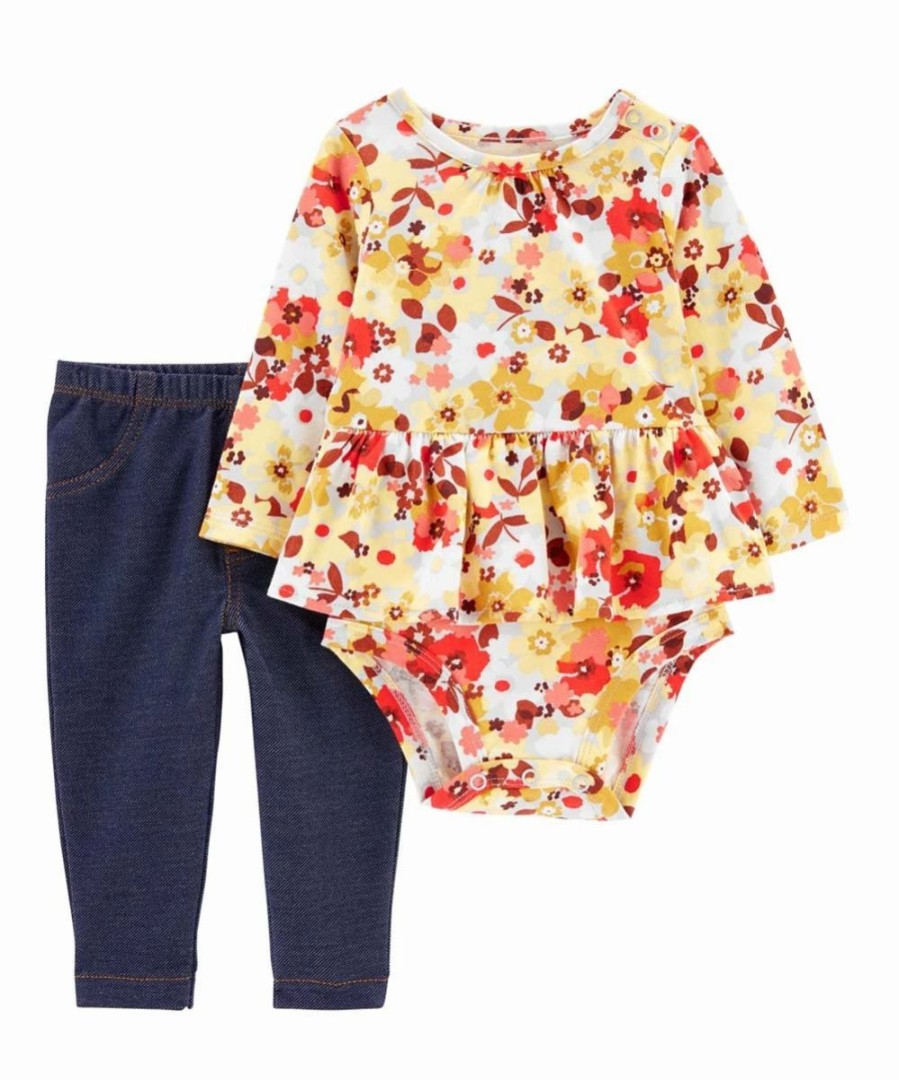 * | Cheapest Carter'S White & Yellow Floral Long-Sleeve Peplum Bodysuit & Navy Leggings Newborn