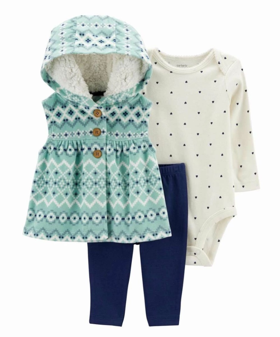 * | Top 10 Carter'S Green & White Geometric Hooded Peplum Vest Set Newborn & Infant