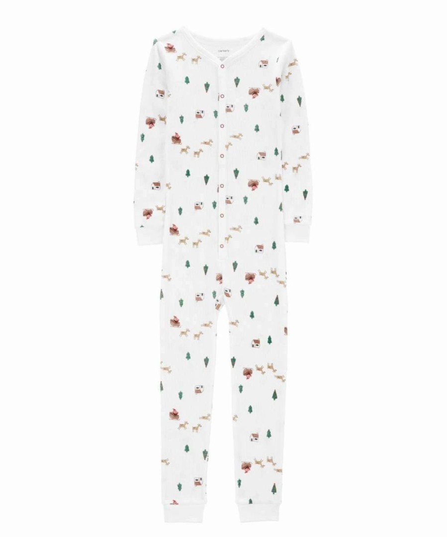 * | Outlet Carter'S White & Green Christmas Sleigh One-Piece Thermal Pajamas Kids