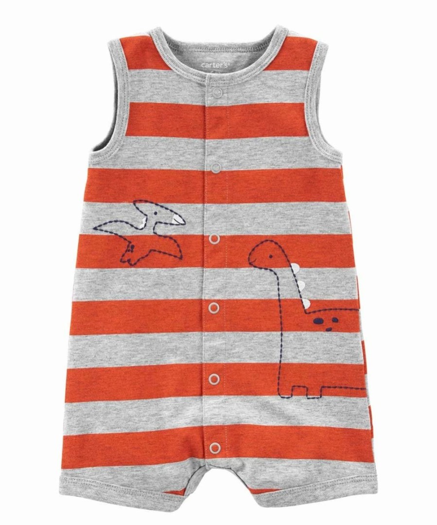 * | Wholesale Carter'S Gray & Red Stripe Dinosaur Sleeveless Romper Newborn & Infant