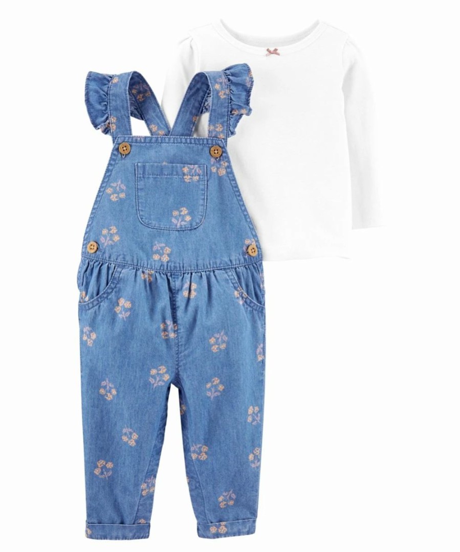 * | Deals Carter'S Blue Floral Chambray Ruffle Overalls & White Long-Sleeve Top Newborn & Infant