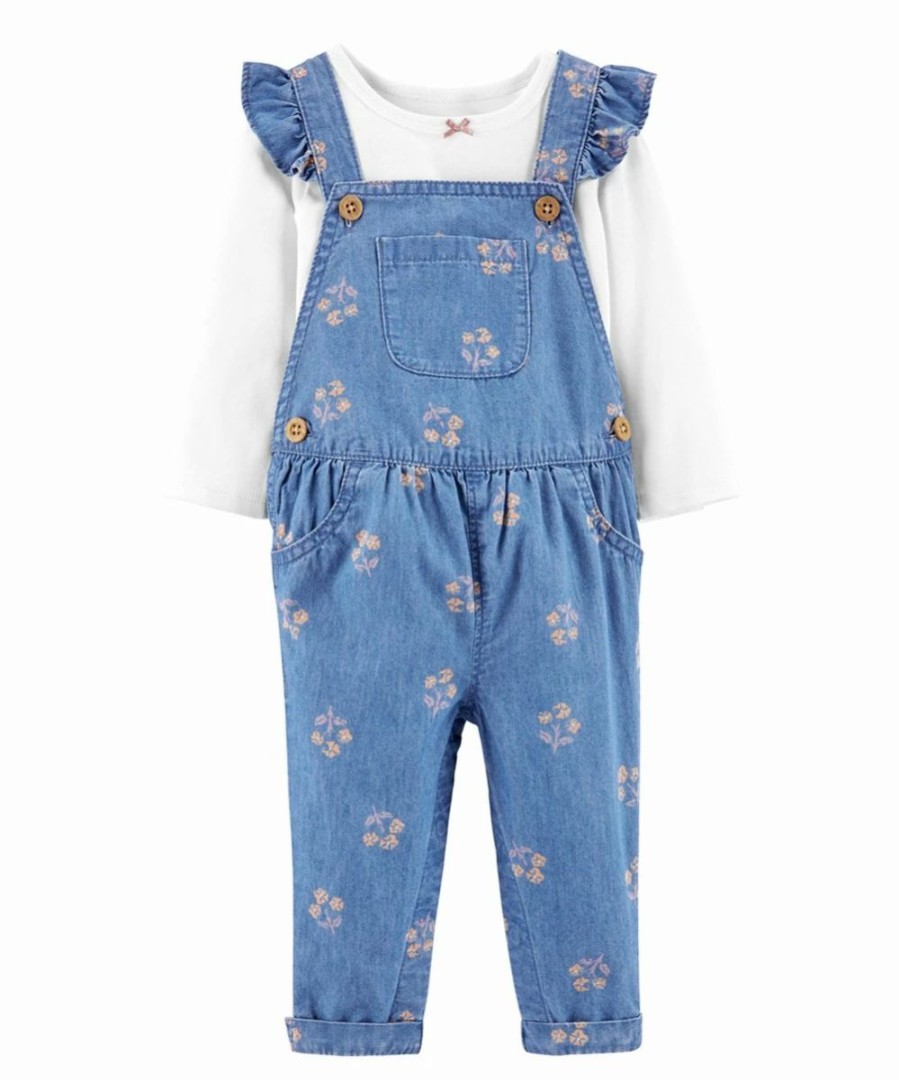 * | Deals Carter'S Blue Floral Chambray Ruffle Overalls & White Long-Sleeve Top Newborn & Infant