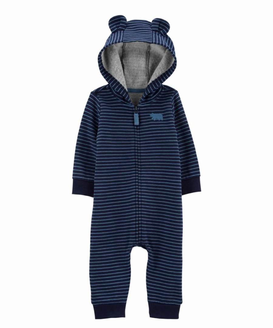 * | Hot Sale Carter'S Blue & Light Blue Stripe Fleece Ears Hooded Zip-Up Playsuit Infant