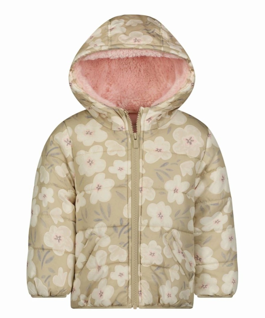 * | Best Sale Carter'S Khaki & Cream Floral Hooded Puffer Coat Girls