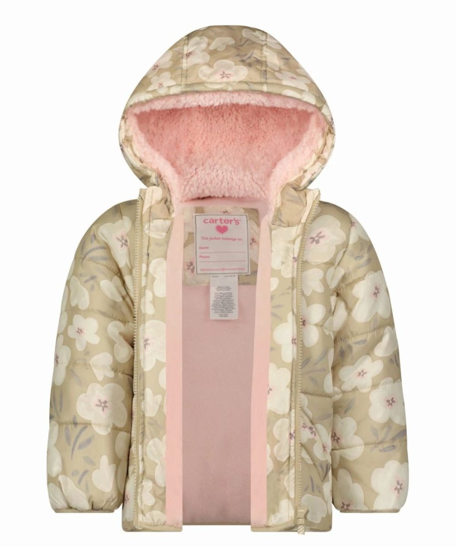 * | Best Sale Carter'S Khaki & Cream Floral Hooded Puffer Coat Girls