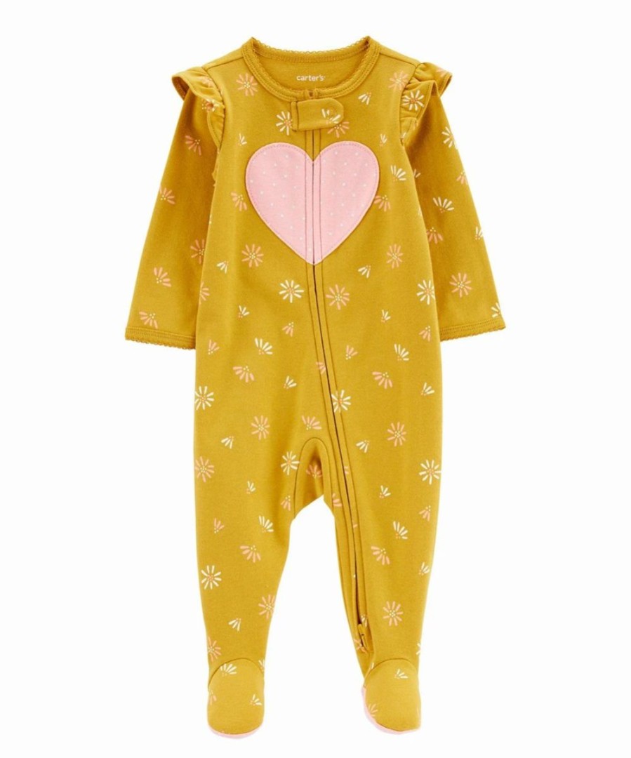 * | Wholesale Carter'S Mustard Yellow & Pink Heart Two-Way Zip Angel-Sleeve Footie Newborn & Infant