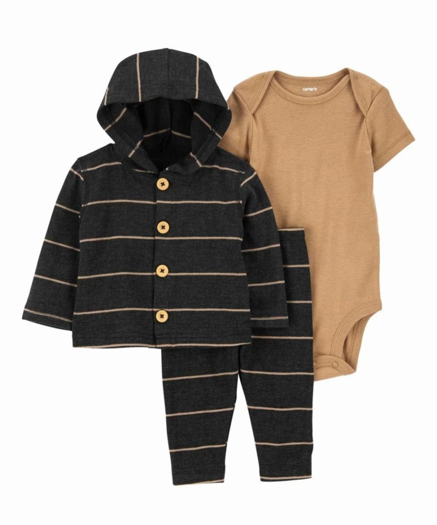 * | Brand New Carter'S Black & Khaki Hooded Button-Up Cardigan Set Newborn & Infant