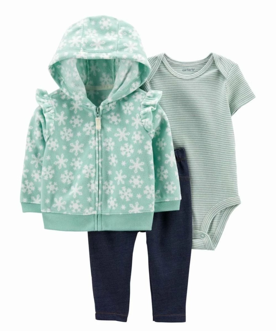 * | Best Sale Carter'S Green & White Snowflake Fleece Angel-Sleeve Jacket Set Newborn & Infant