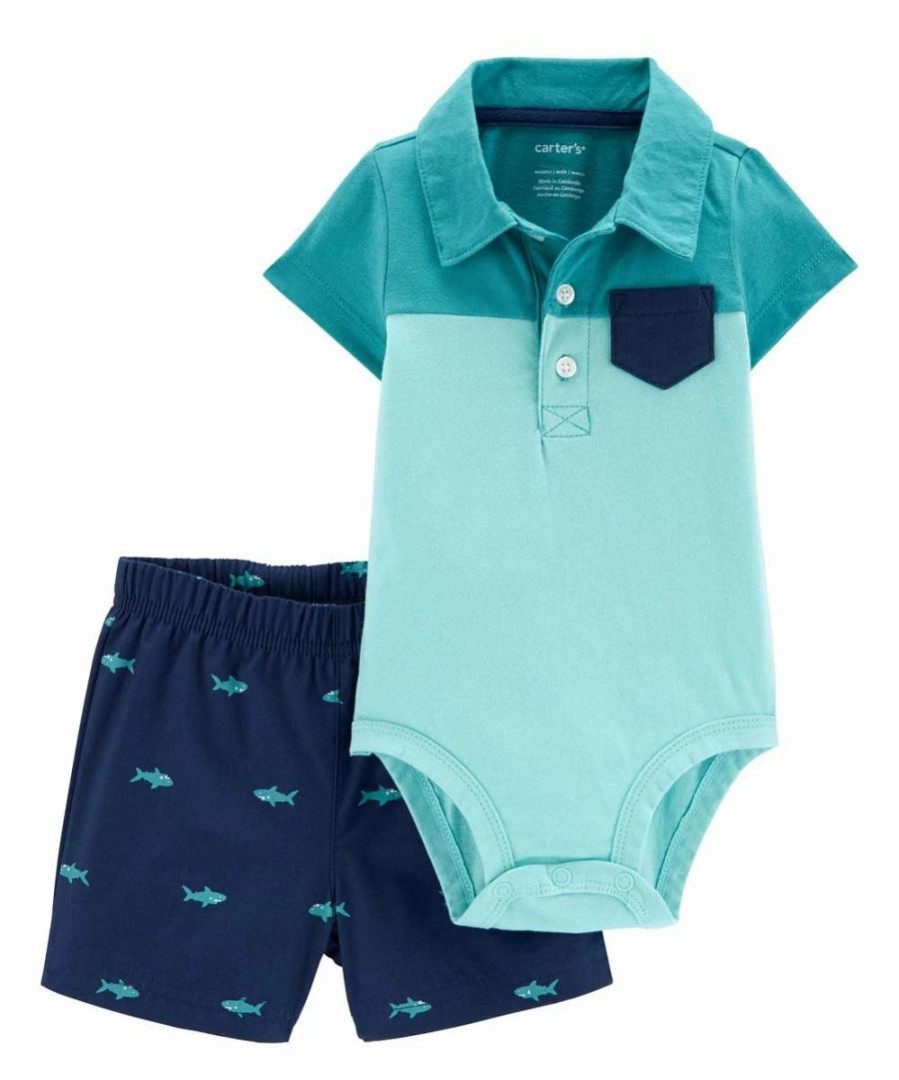 * | Best Sale Carter'S Blue Polo Bodysuit & Navy Shark Shorts Newborn