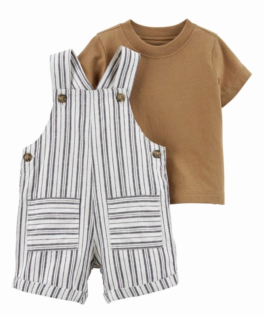 * | Best Sale Carter'S White & Gray Stripe Shortalls & Brown Tee Newborn & Infant