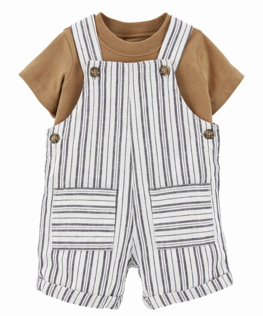 * | Best Sale Carter'S White & Gray Stripe Shortalls & Brown Tee Newborn & Infant