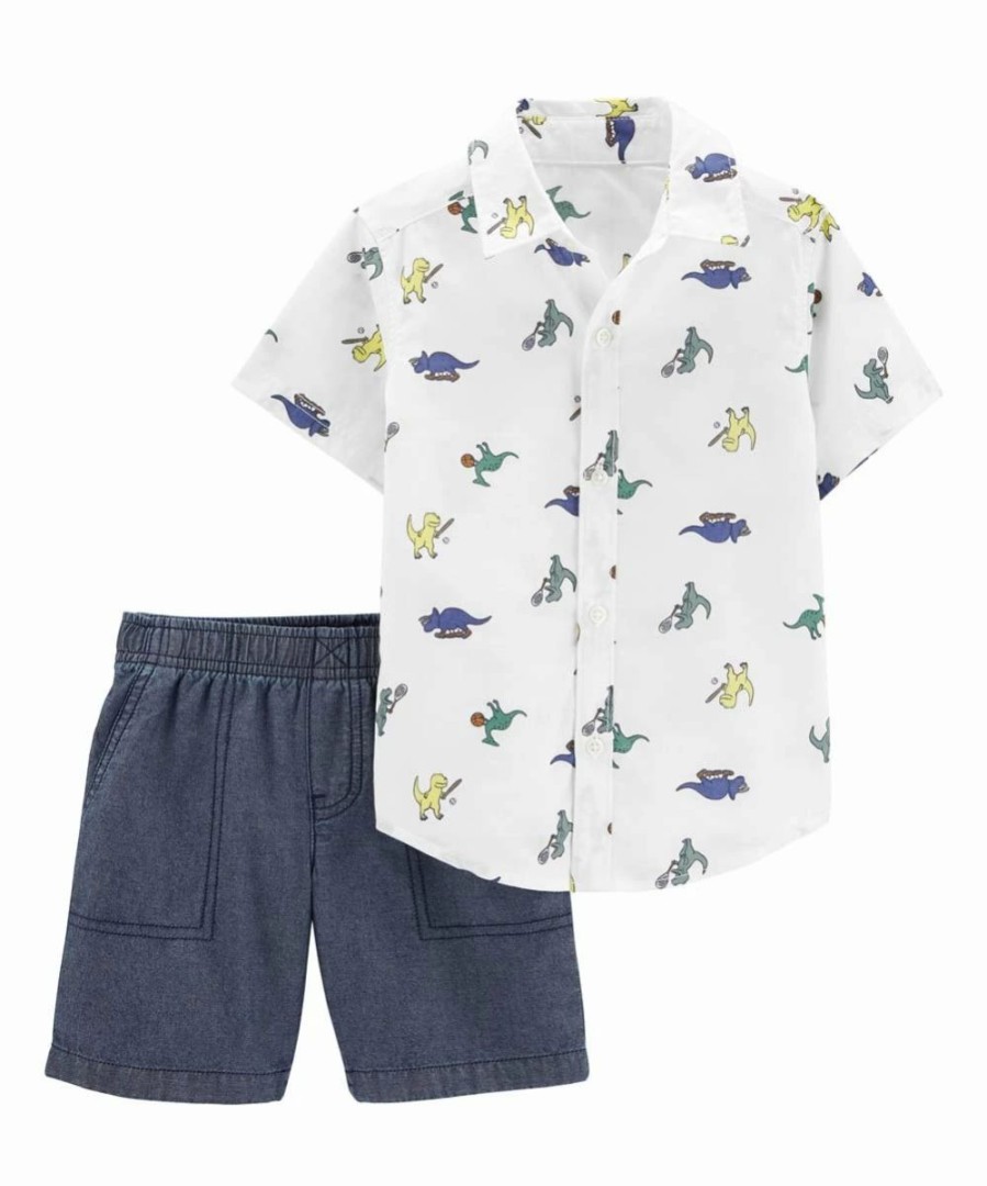 * | Deals Carter'S White Dinosaurs Button-Up & Navy Denim Shorts Infant