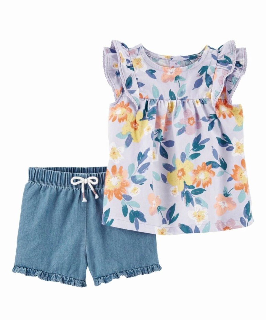 * | Discount Carter'S Orange Floral Ruffle-Accent Top & Blue Chambray Shorts Newborn & Infant