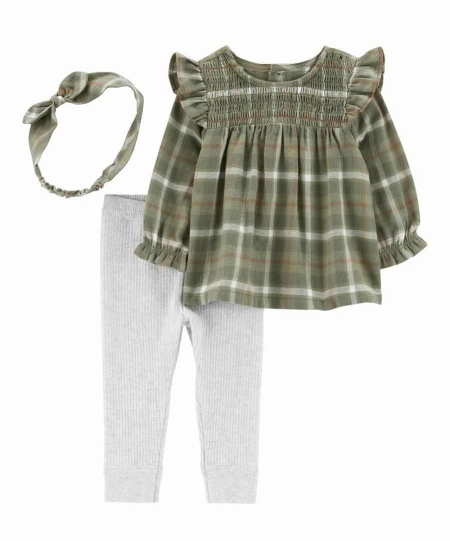 * | Wholesale Carter'S Green & White Plaid Angel-Sleeve Top Set Infant