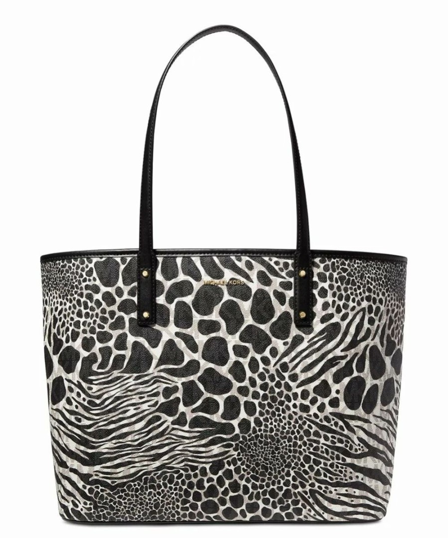 * | Deals Michael Kors Black Mixed Animal-Print Signature Carter Large Open Tote