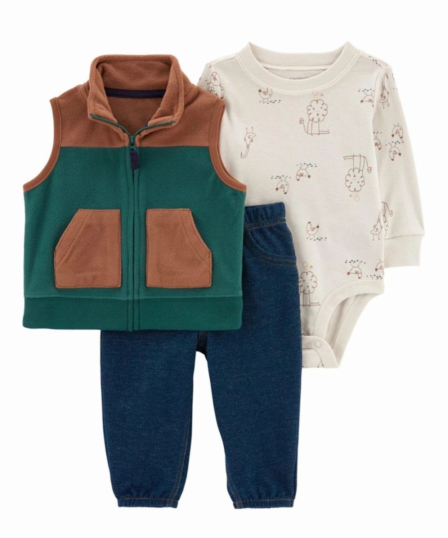 * | Best Deal Carter'S Green & Brown Fleece Little Zip-Up Vest Set Newborn & Infant