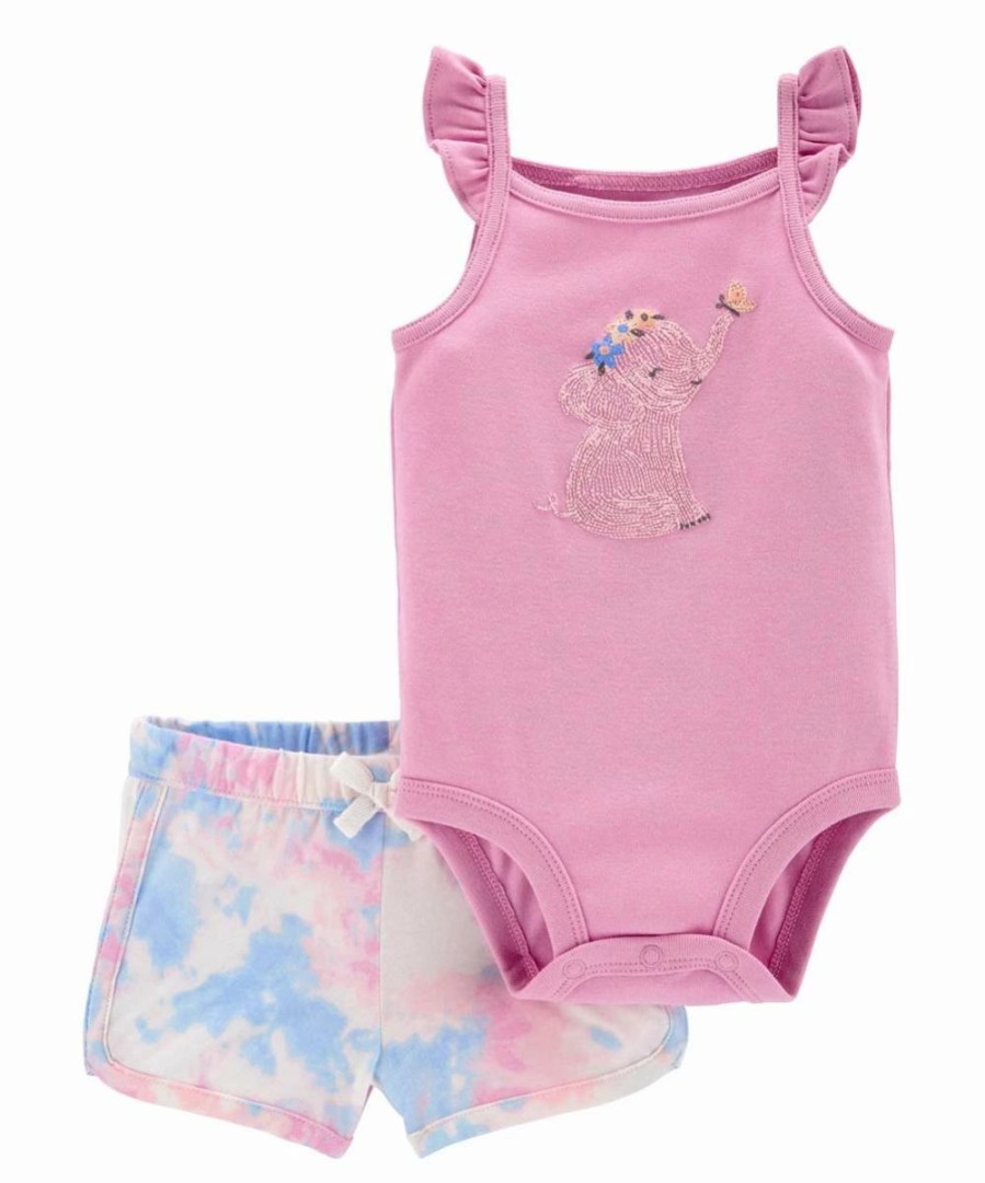 * | Best Sale Carter'S Pink Elephant Bodysuit & Blue Pastel Tie-Dye Shorts Newborn & Infant