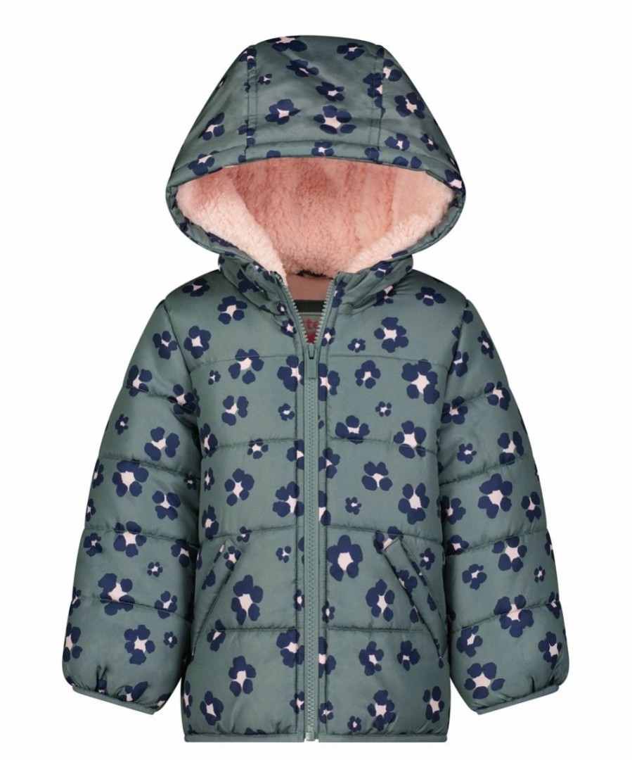 * | Deals Carter'S Green & Pink Leopard Hooded Puffer Coat Infant, Toddler & Girls