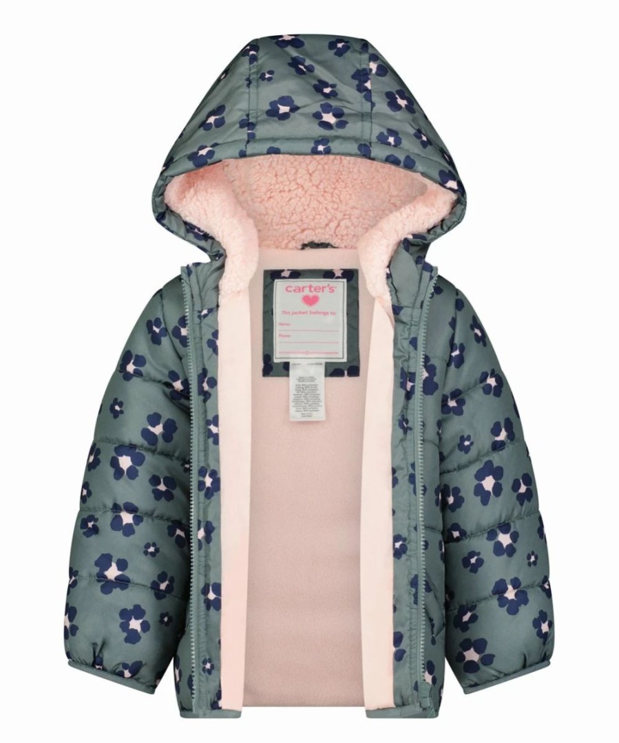 * | Deals Carter'S Green & Pink Leopard Hooded Puffer Coat Infant, Toddler & Girls