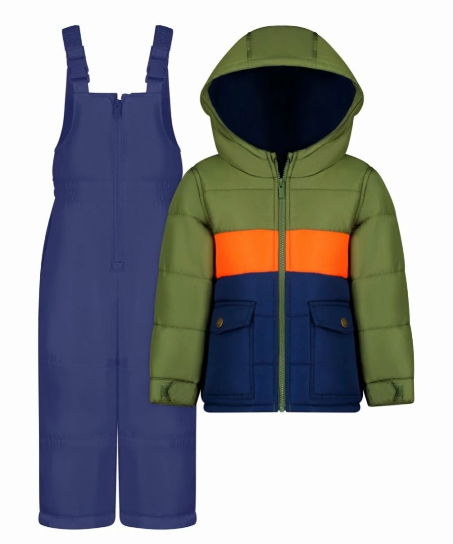 * | Budget Carter'S Olive Color-Block Hooded Puffer Coat & Navy Bib Pants Toddler