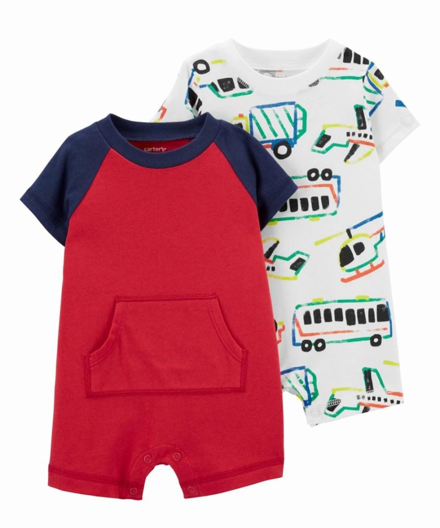 * | New Carter'S Red & Navy Pocket Romper & White Transportation Romper Infant