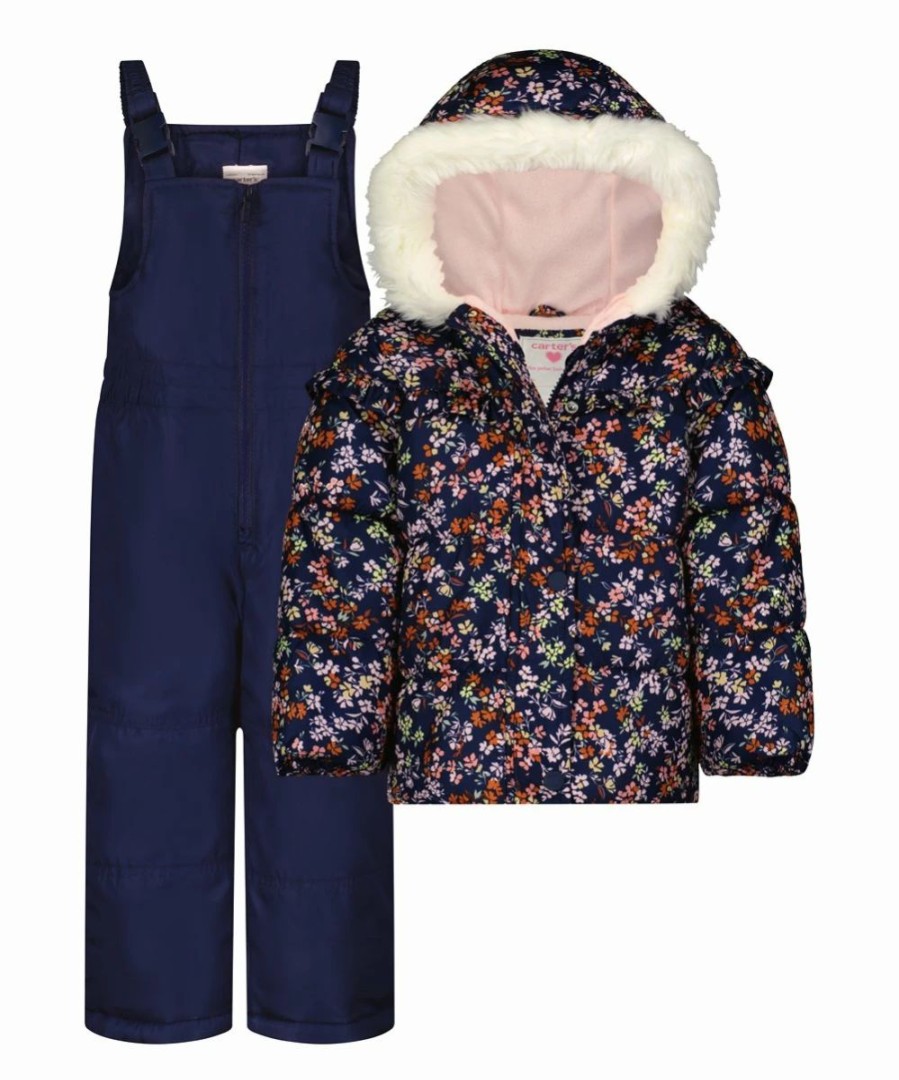 * | Cheap Carter'S Purple Ditsy Floral Hooded Puffer Coat & Navy Bib Pants Toddler