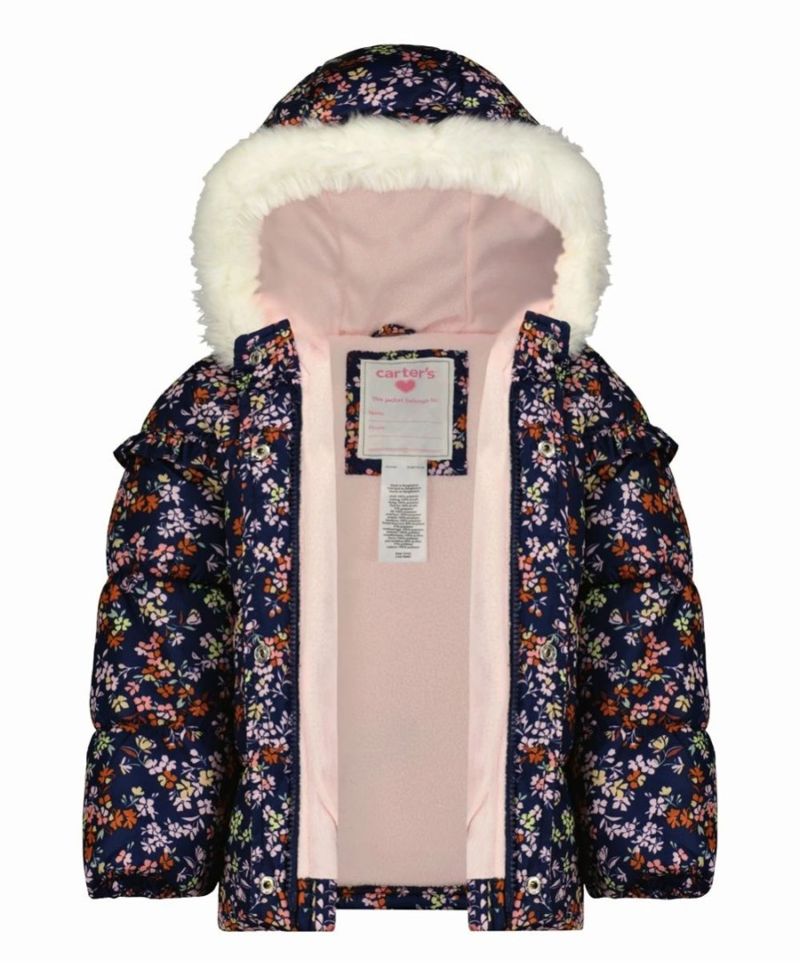 * | Cheap Carter'S Purple Ditsy Floral Hooded Puffer Coat & Navy Bib Pants Toddler