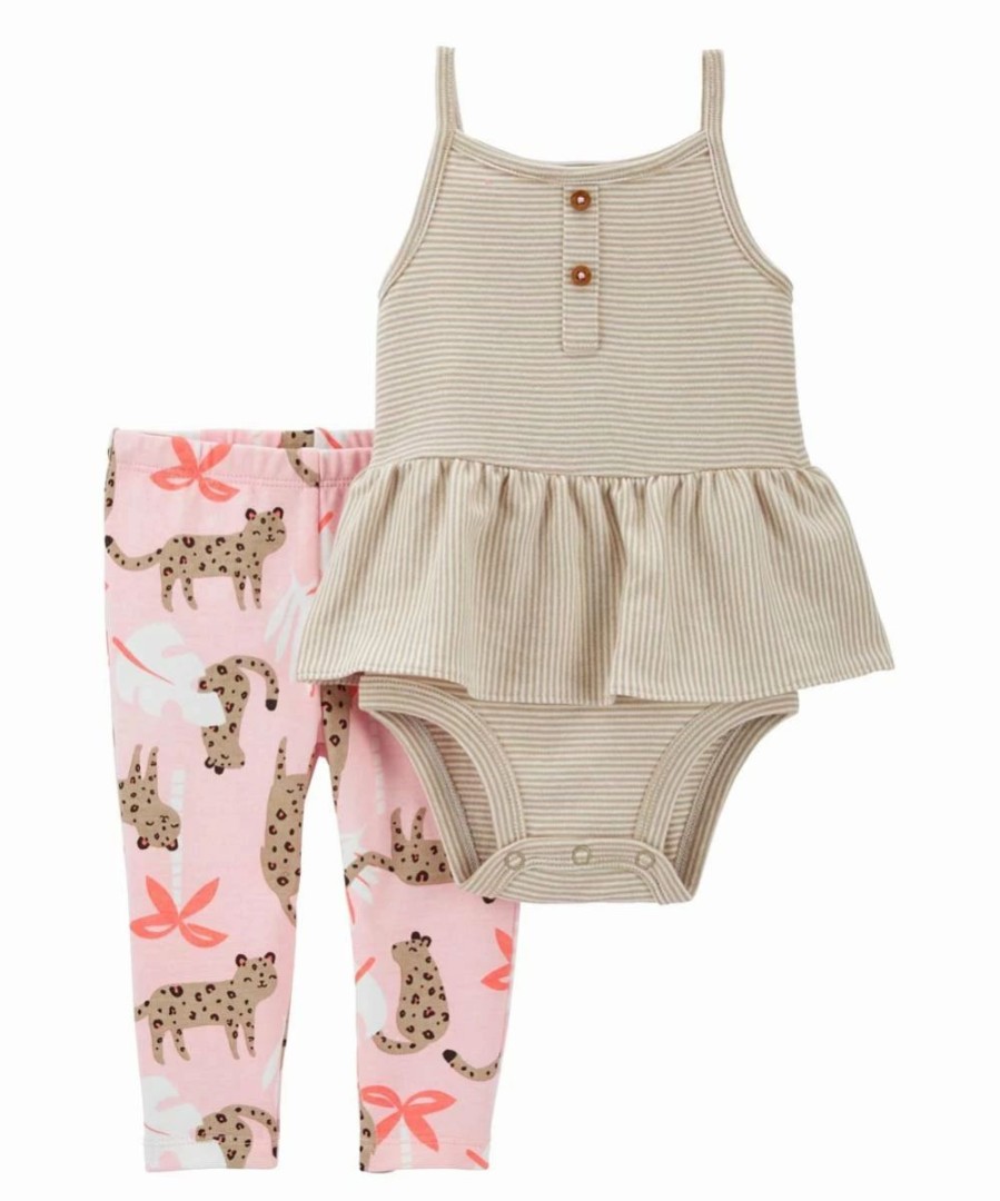 * | Best Sale Carter'S Beige Stripe Peplum Bodysuit & Pink Cat Pants Newborn & Infant