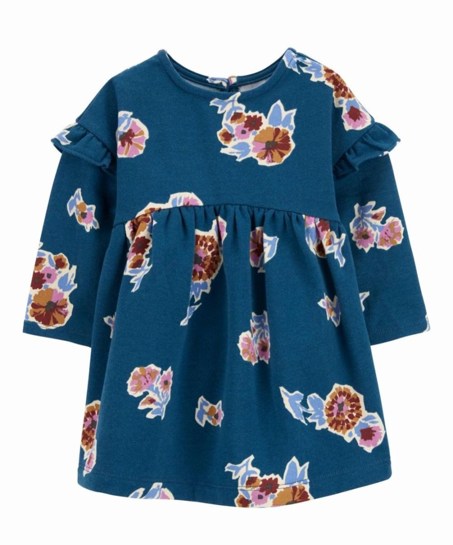 * | Best Deal Carter'S Blue & Mustard Floral Fleece Long Angel-Sleeve Dress & Diaper Cover Newborn & Infant