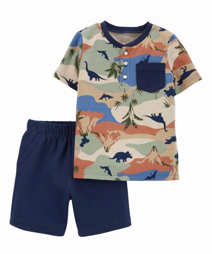 * | Best Pirce Carter'S Tan & Green Camo Dinosaur Henley & Navy Shorts Infant