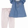 * | Discount Carter'S Blue Chambray Angel-Sleeve Top & Pink Gingham Pants Newborn & Infant