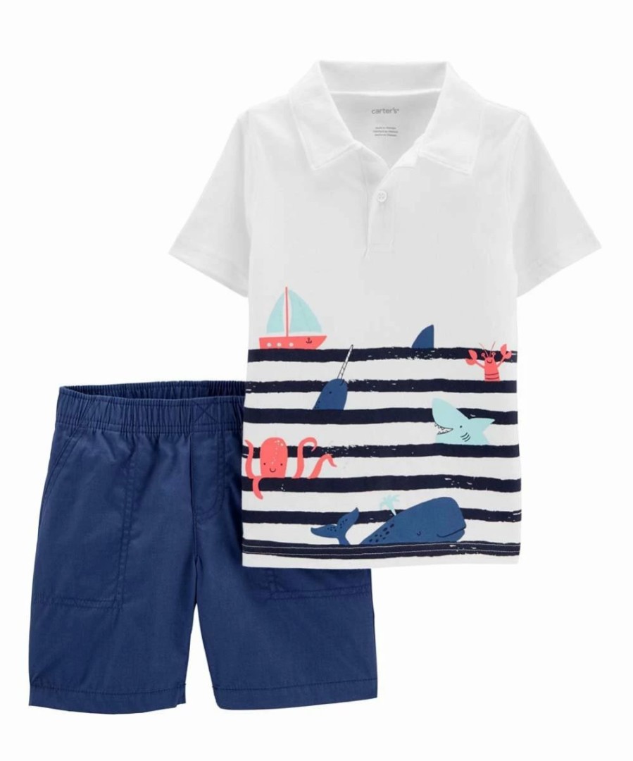 * | Promo Carter'S White Stripe Whales Polo & Blue Shorts Infant