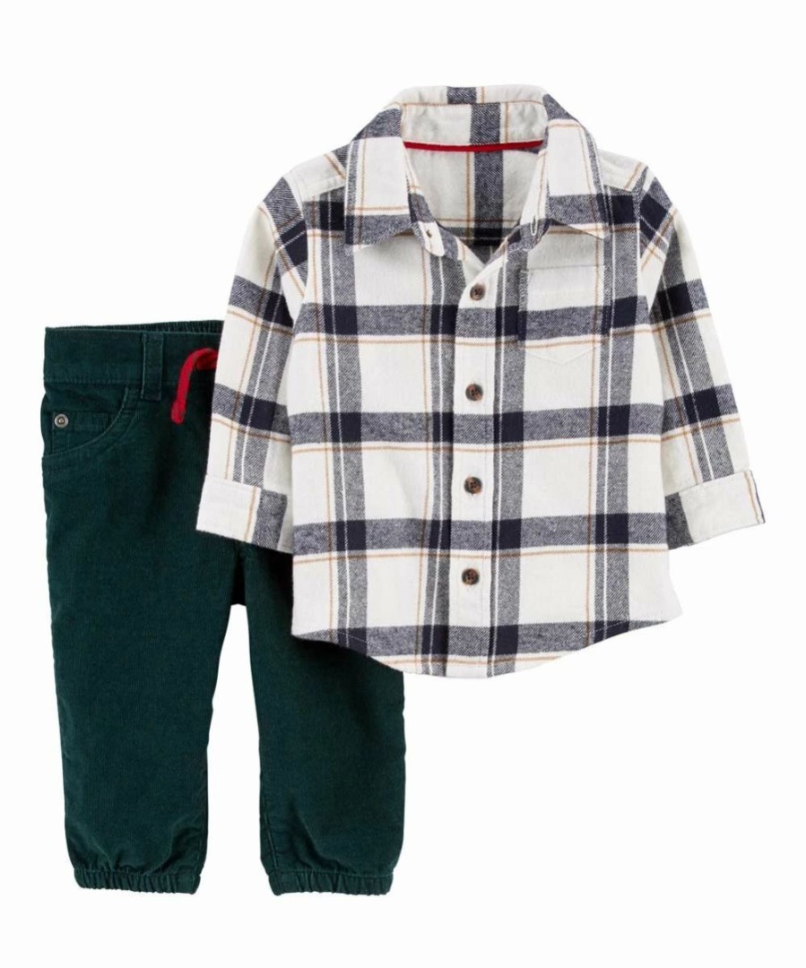 * | Best Deal Carter'S White Plaid Button-Up & Green Corduroy Pants Newborn & Infant